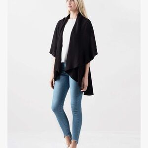 LOOK Knit Shawl Vest Poncho Hoodie Navy Blue One Size Wear 4-Ways
